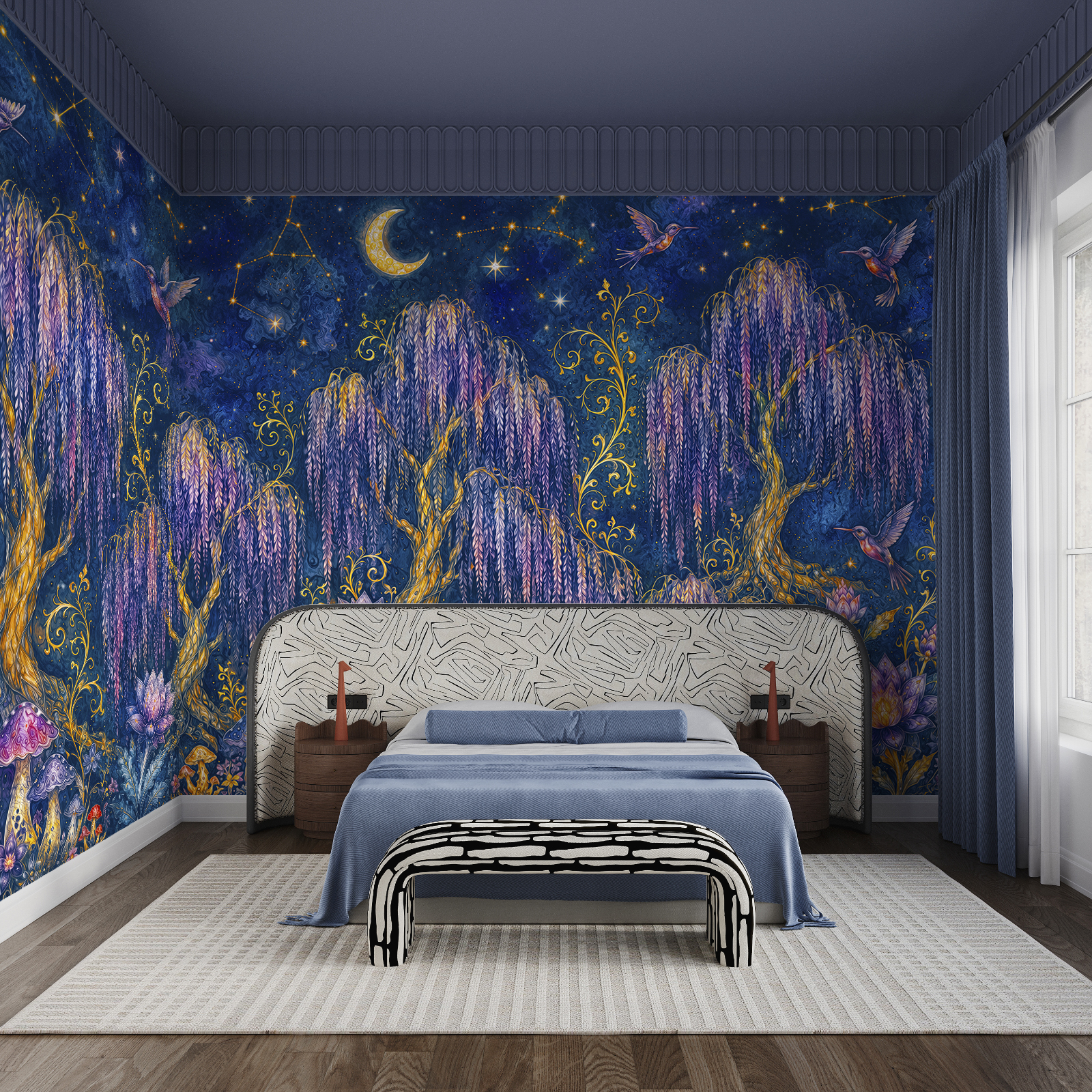 Painting of a forest with birds and flowers