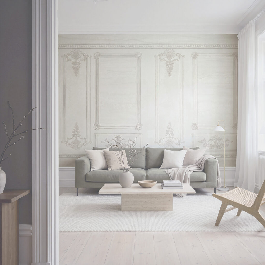 White wall with ornate designs