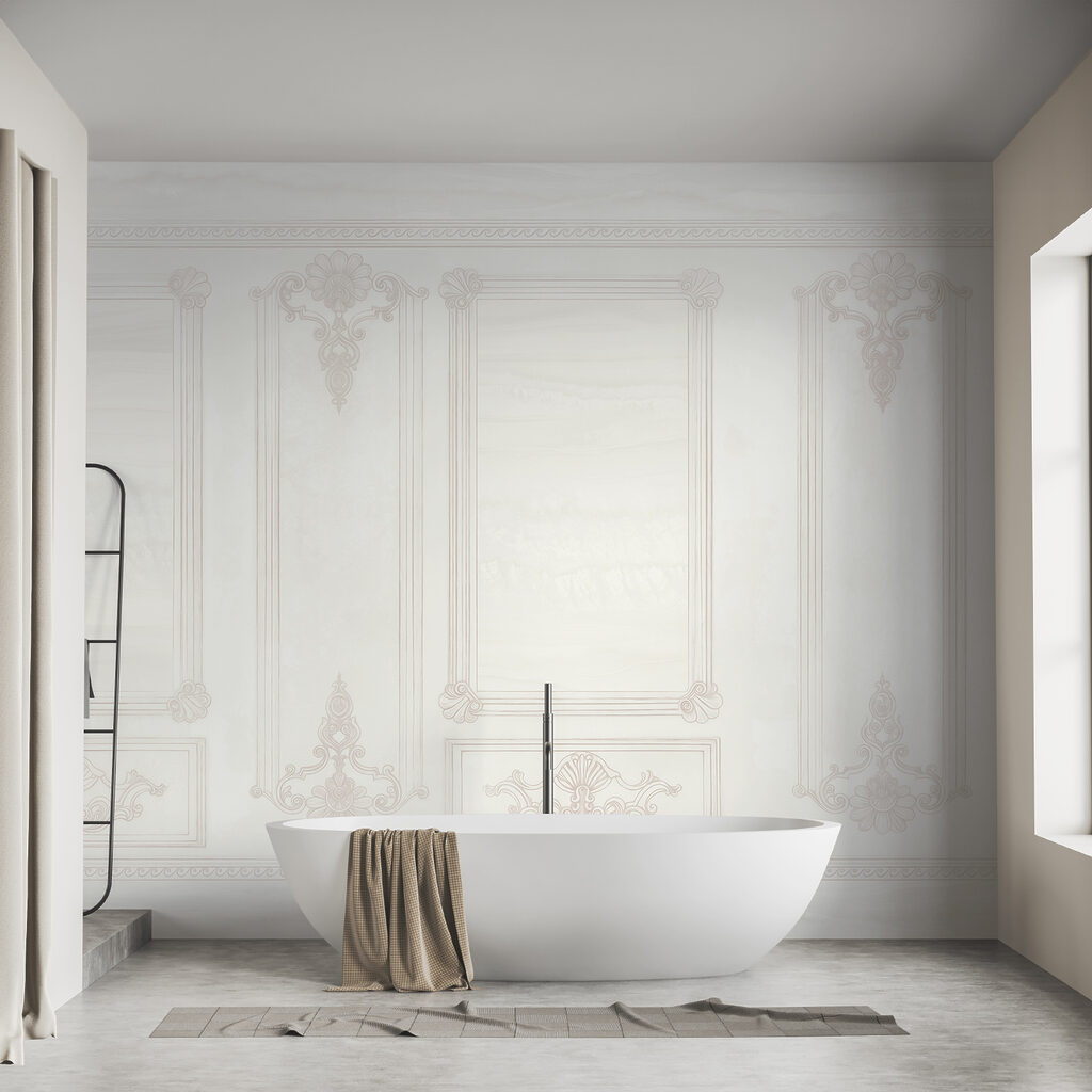 White wall with ornate designs