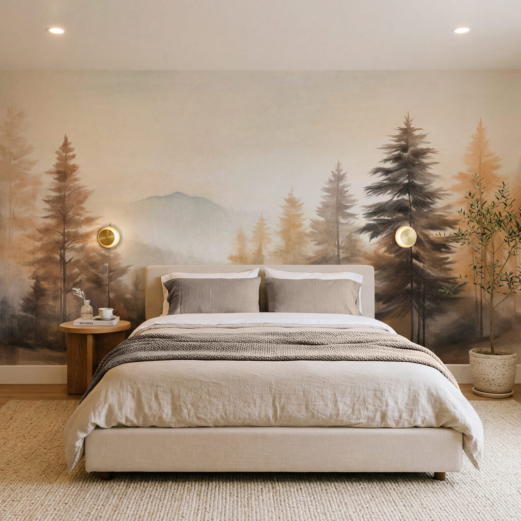 Painting of trees in a foggy forest Painting of trees in a foggy forest