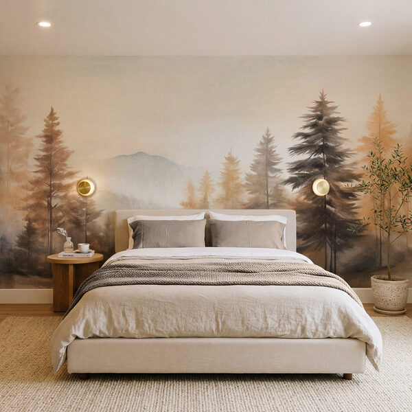 Painting of trees in a foggy forest Painting of trees in a foggy forest