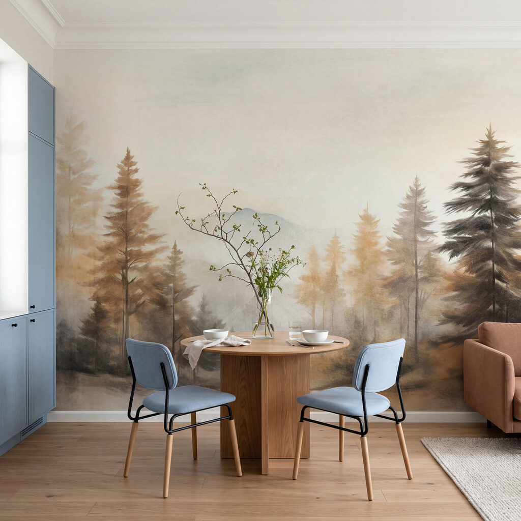 Painting of trees in a foggy forest Painting of trees in a foggy forest