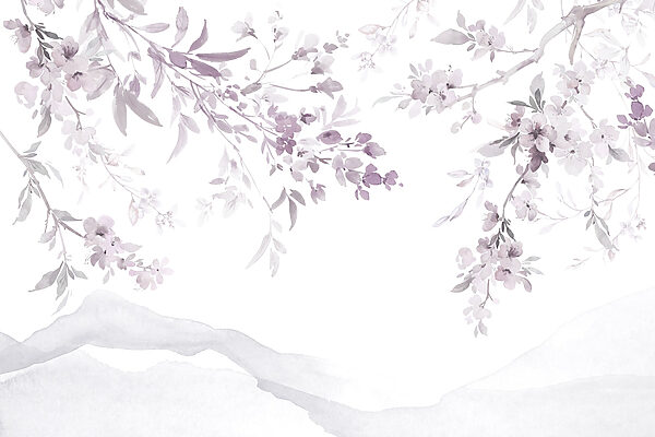 Painting of a tree branch with purple flowers