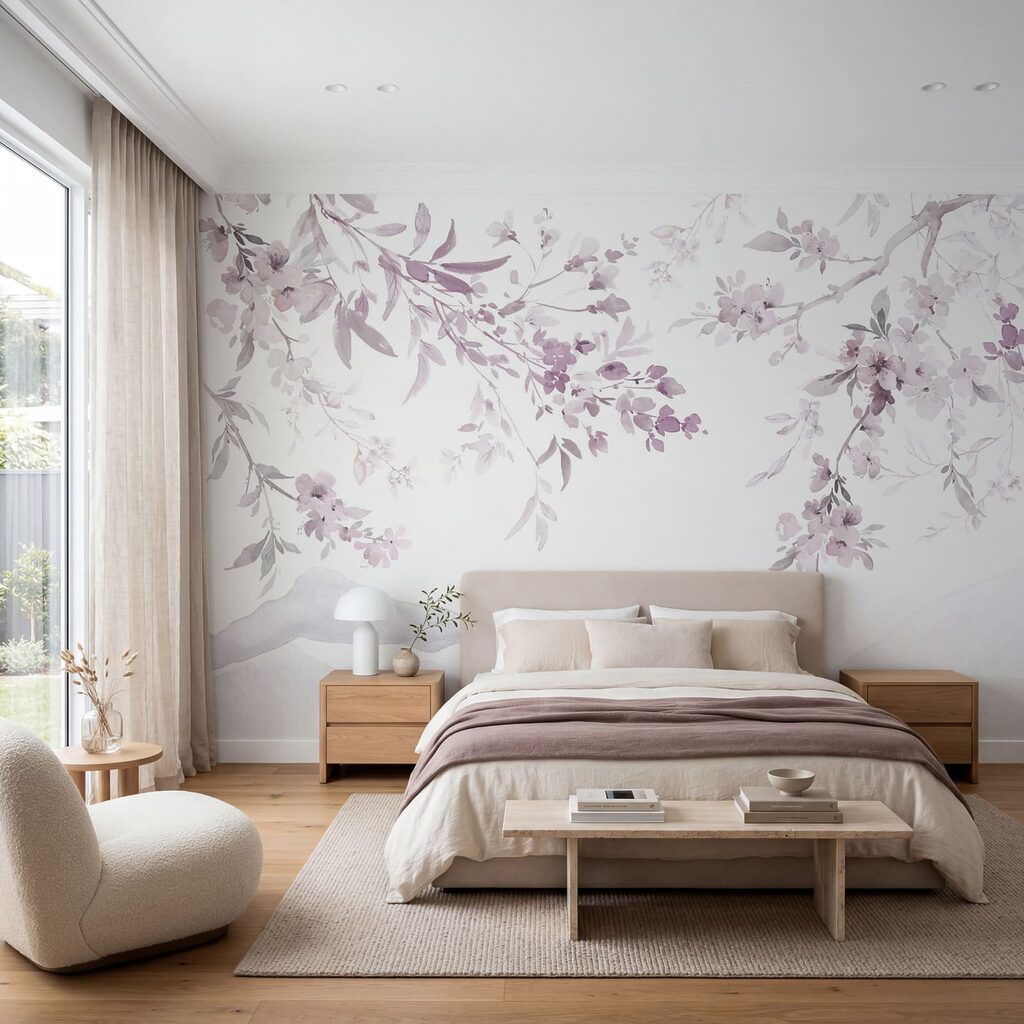 Painting of a tree branch with purple flowers
