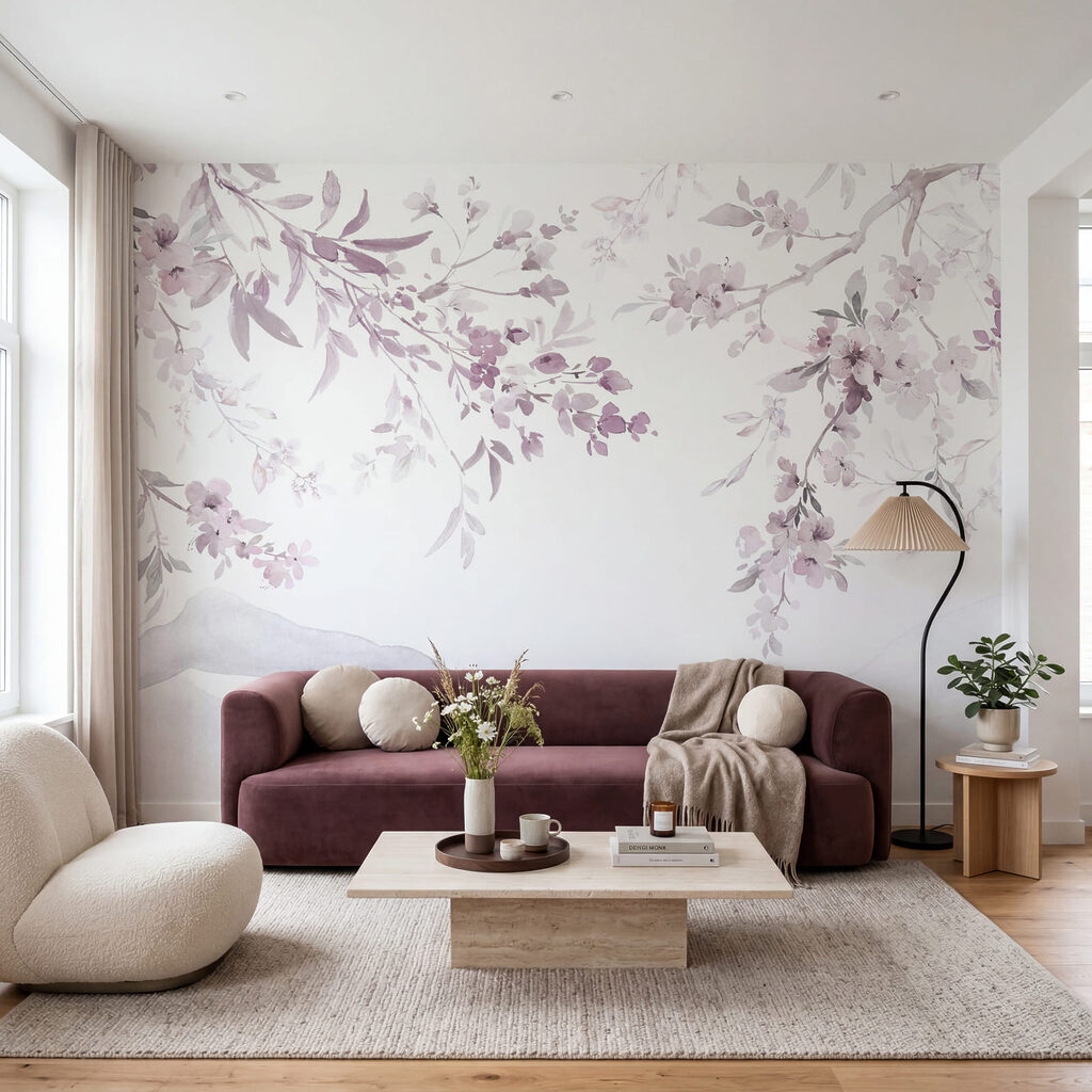 Painting of a tree branch with purple flowers