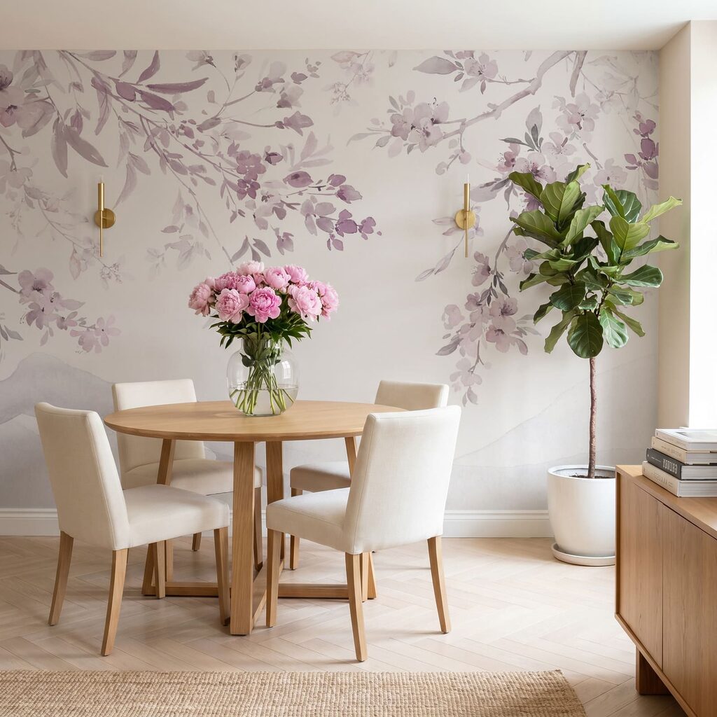 Painting of a tree branch with purple flowers