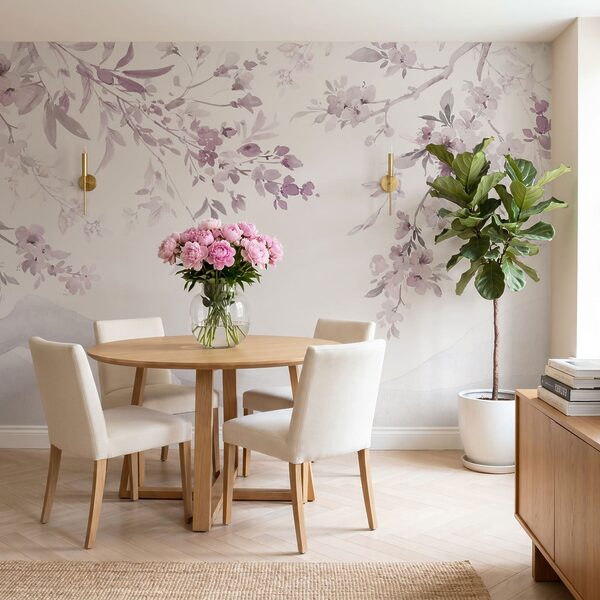 Painting of a tree branch with purple flowers