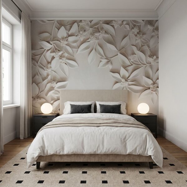 White wall with white flowers and leaves White wall with white flowers and leaves