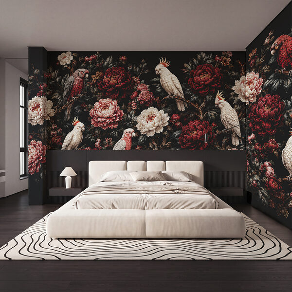 Painting of birds on a branch with flowers Painting of birds on a branch with flowers