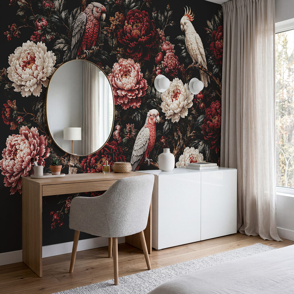 Painting of birds on a branch with flowers Painting of birds on a branch with flowers
