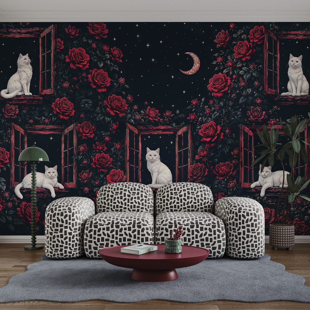 Group of cats sitting on windows in roses Group of cats sitting on windows in roses