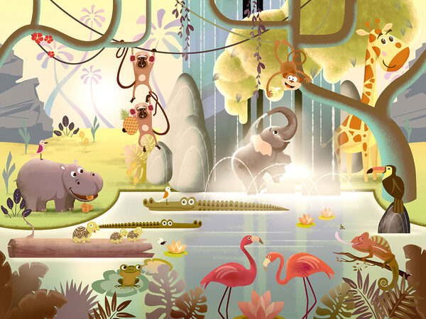 Cartoon of animals in a pond Cartoon of animals in a pond