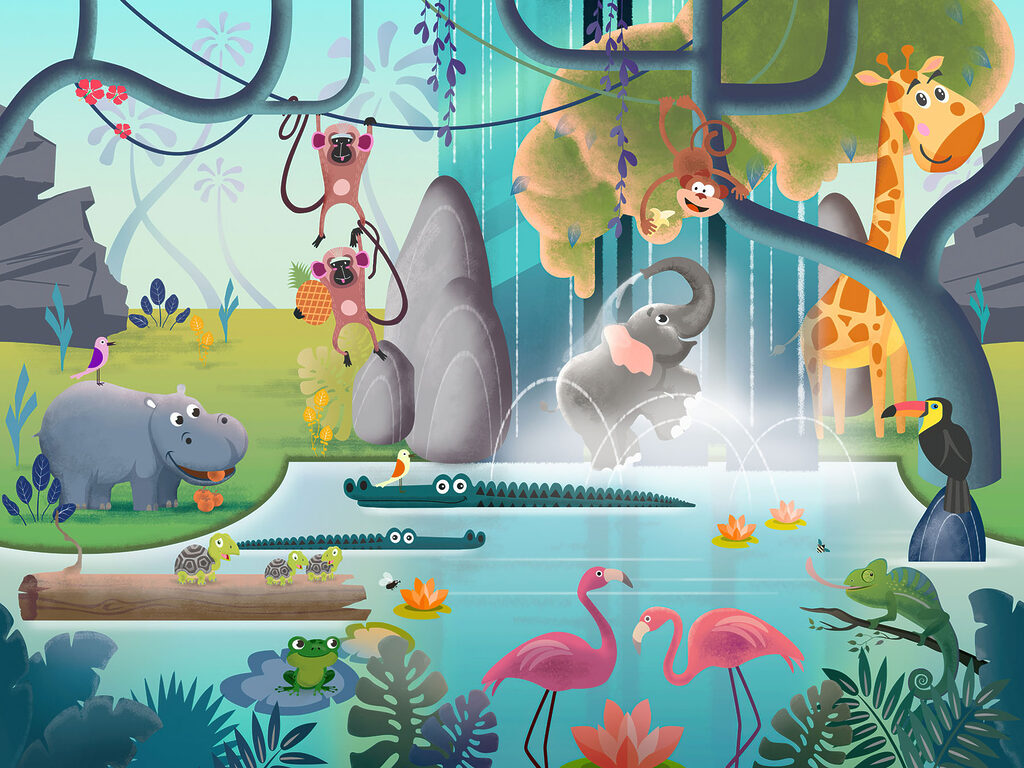 Cartoon of animals in a pond