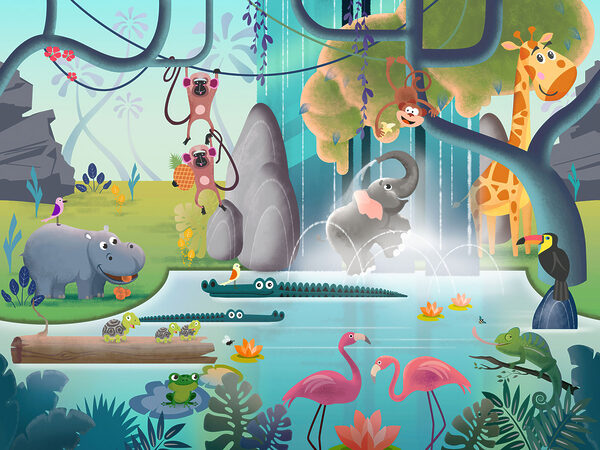 Cartoon of animals in a pond