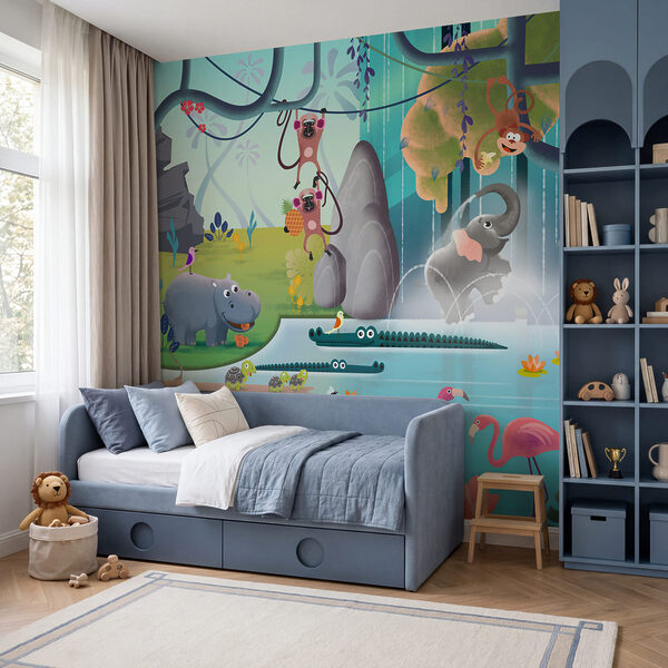 Cartoon of animals in a pond