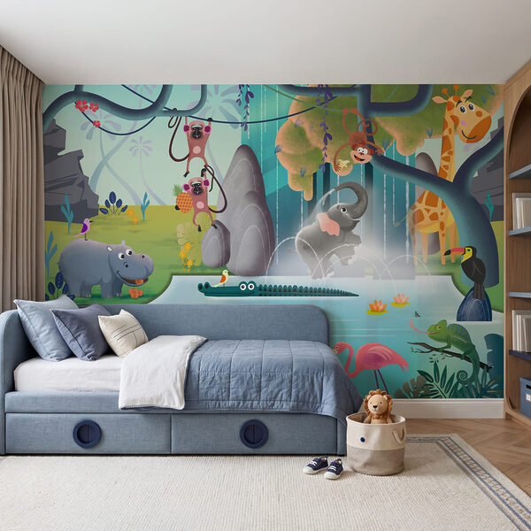 Cartoon of animals in a pond
