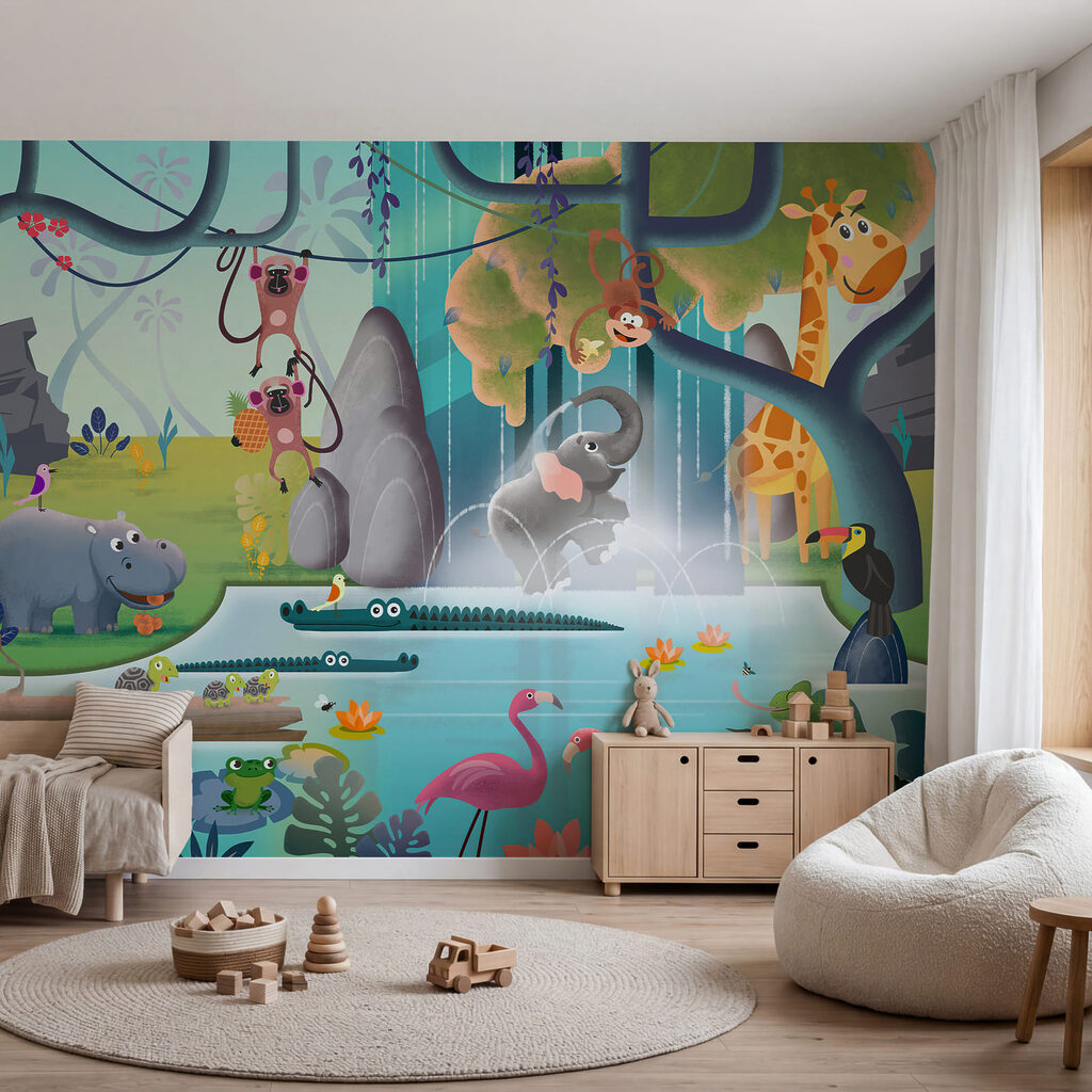 Cartoon of animals in a pond