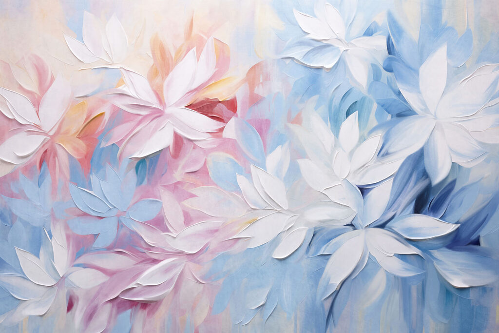 Painting of flowers with white and blue leaves Painting of flowers with white and blue leaves