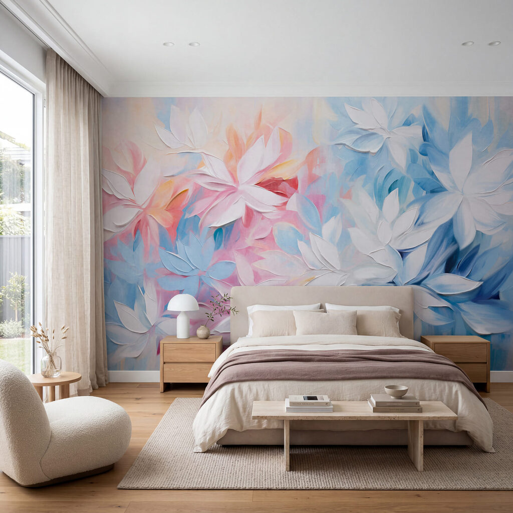 Painting of flowers with white and blue leaves Painting of flowers with white and blue leaves