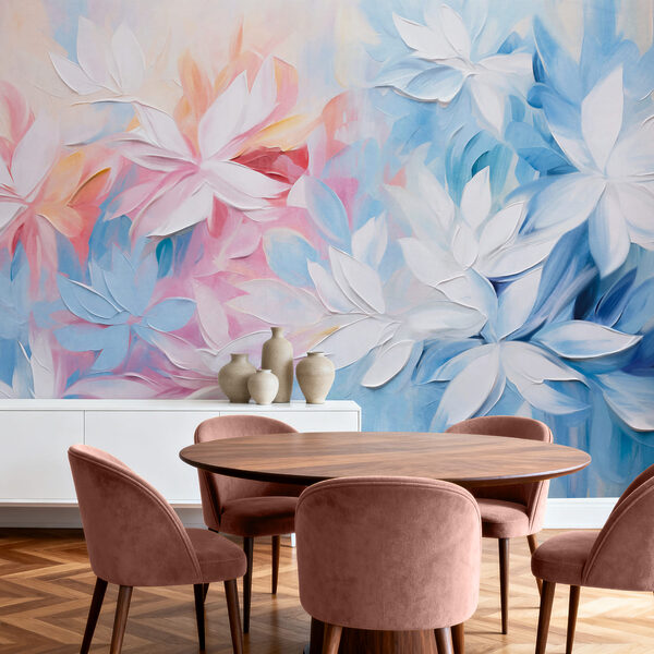 Painting of flowers with white and blue leaves Painting of flowers with white and blue leaves