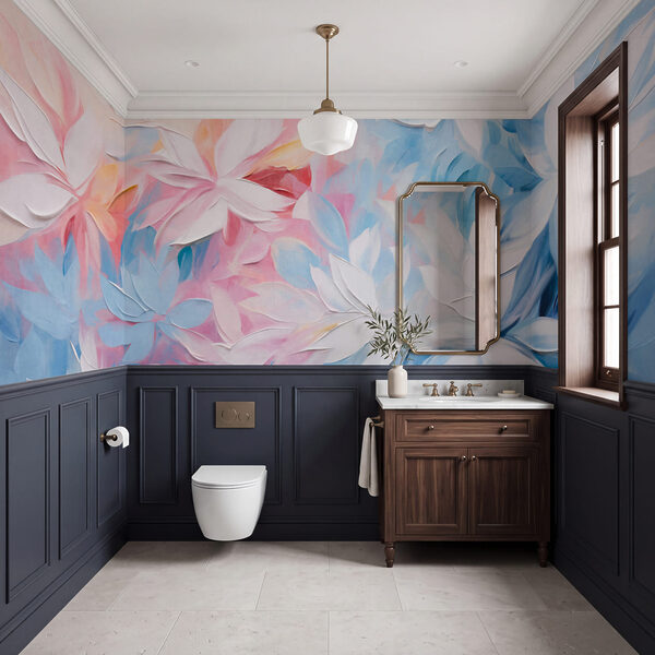 Wall mural Painting of flowers with white and blue leaves