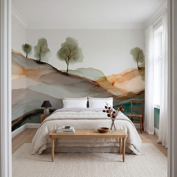 Wall mural Painting of trees on a hill
