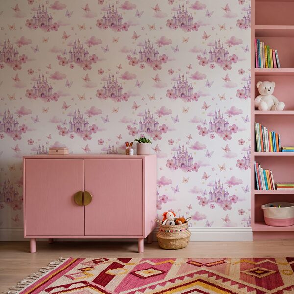 Pattern of pink and purple butterflies and a castle Pattern of pink and purple butterflies and a castle
