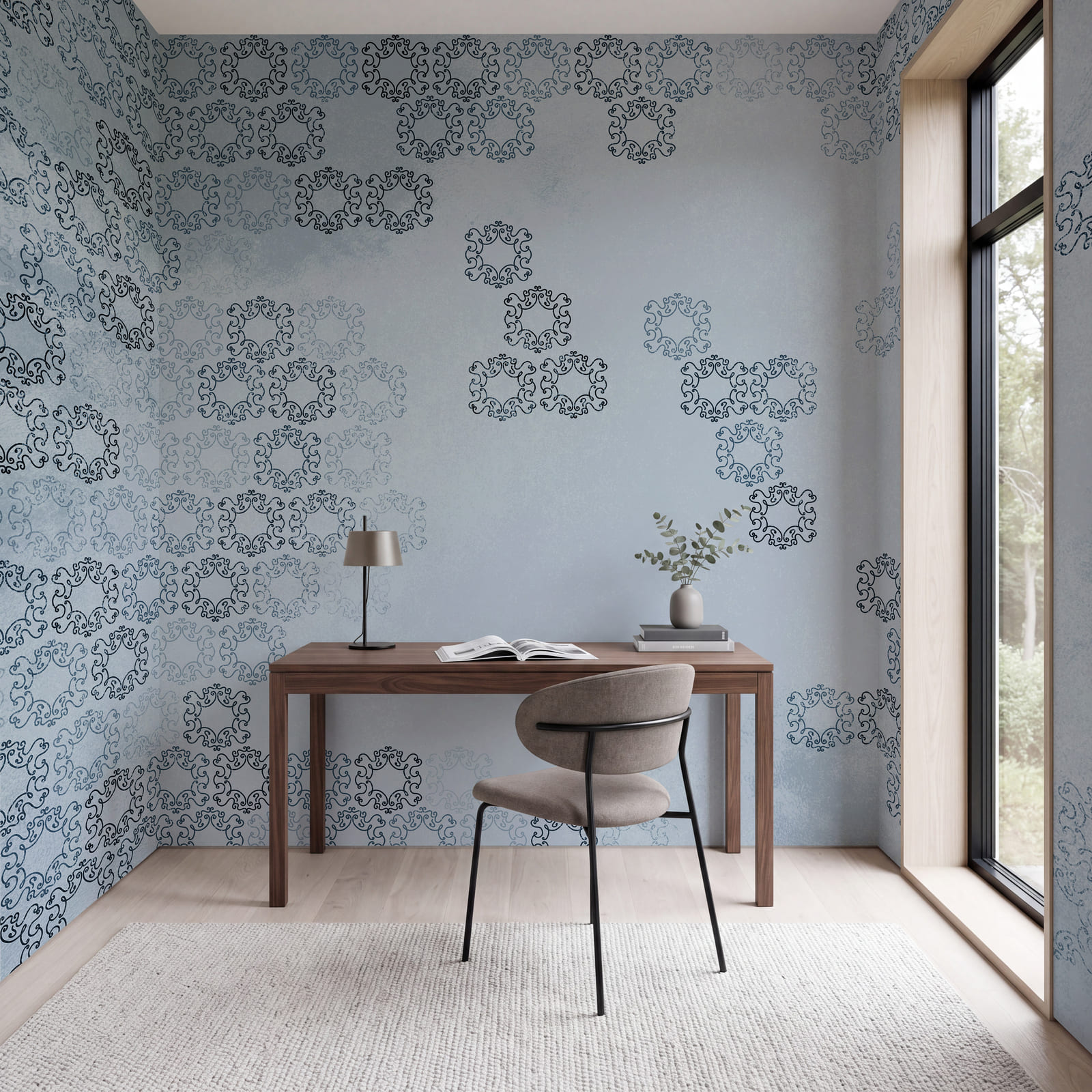 Blue background with black and white patterns Blue background with black and white patterns