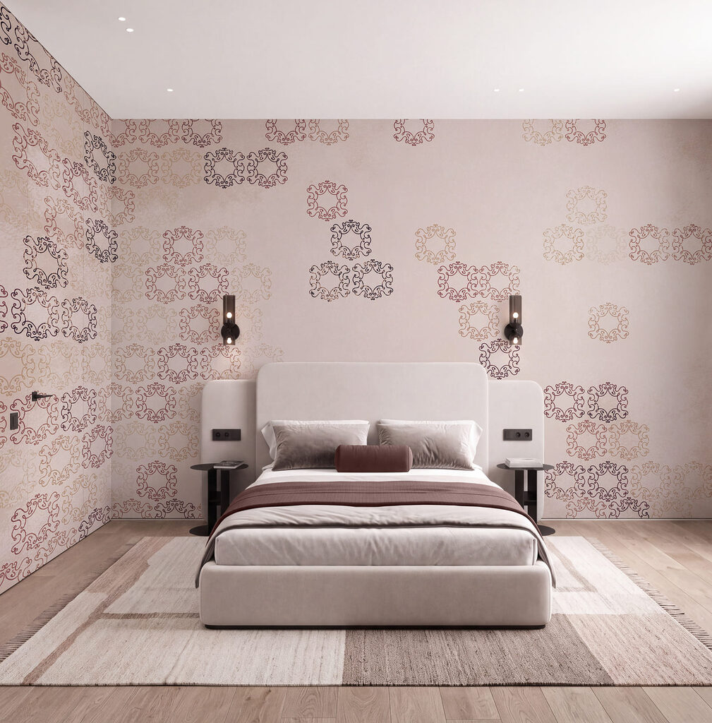 White background with many small black and red designs