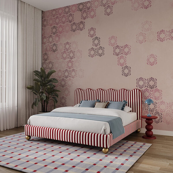 Pink background with many small black and red shapes Pink background with many small black and red shapes