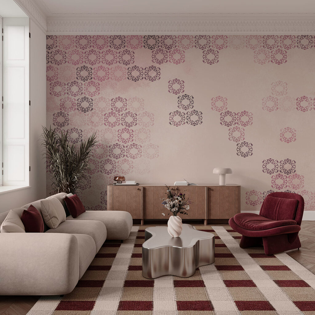 Pink background with many small black and red shapes Pink background with many small black and red shapes
