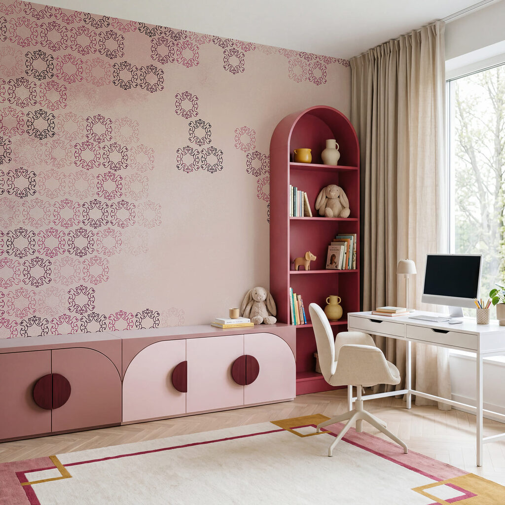 Pink background with many small black and red shapes Pink background with many small black and red shapes