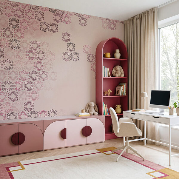 Pink background with many small black and red shapes Pink background with many small black and red shapes