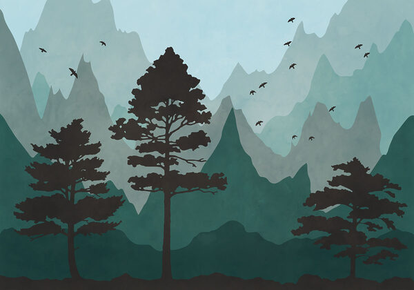 Painting of a forest with mountains and birds Painting of a forest with mountains and birds