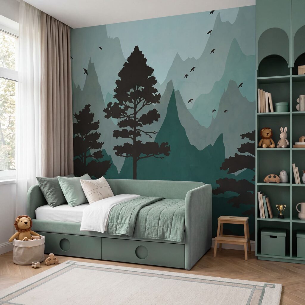 Painting of a forest with mountains and birds Painting of a forest with mountains and birds