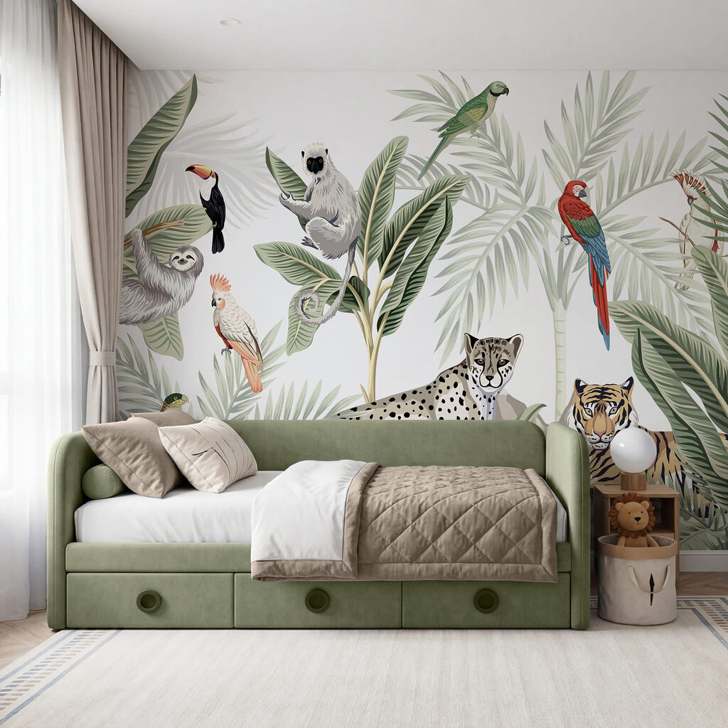 Tropical jungle creatures gather together