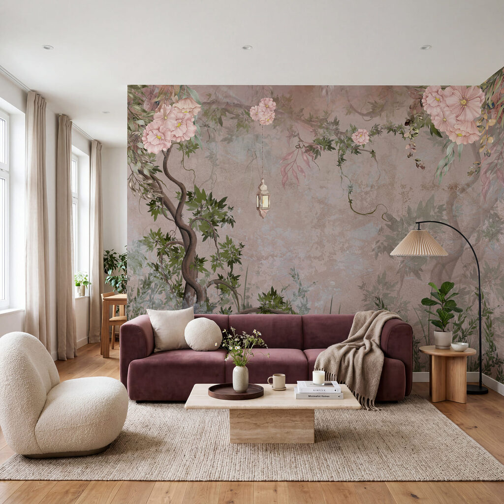 Painting of a tree with flowers and a lantern Painting of a tree with flowers and a lantern