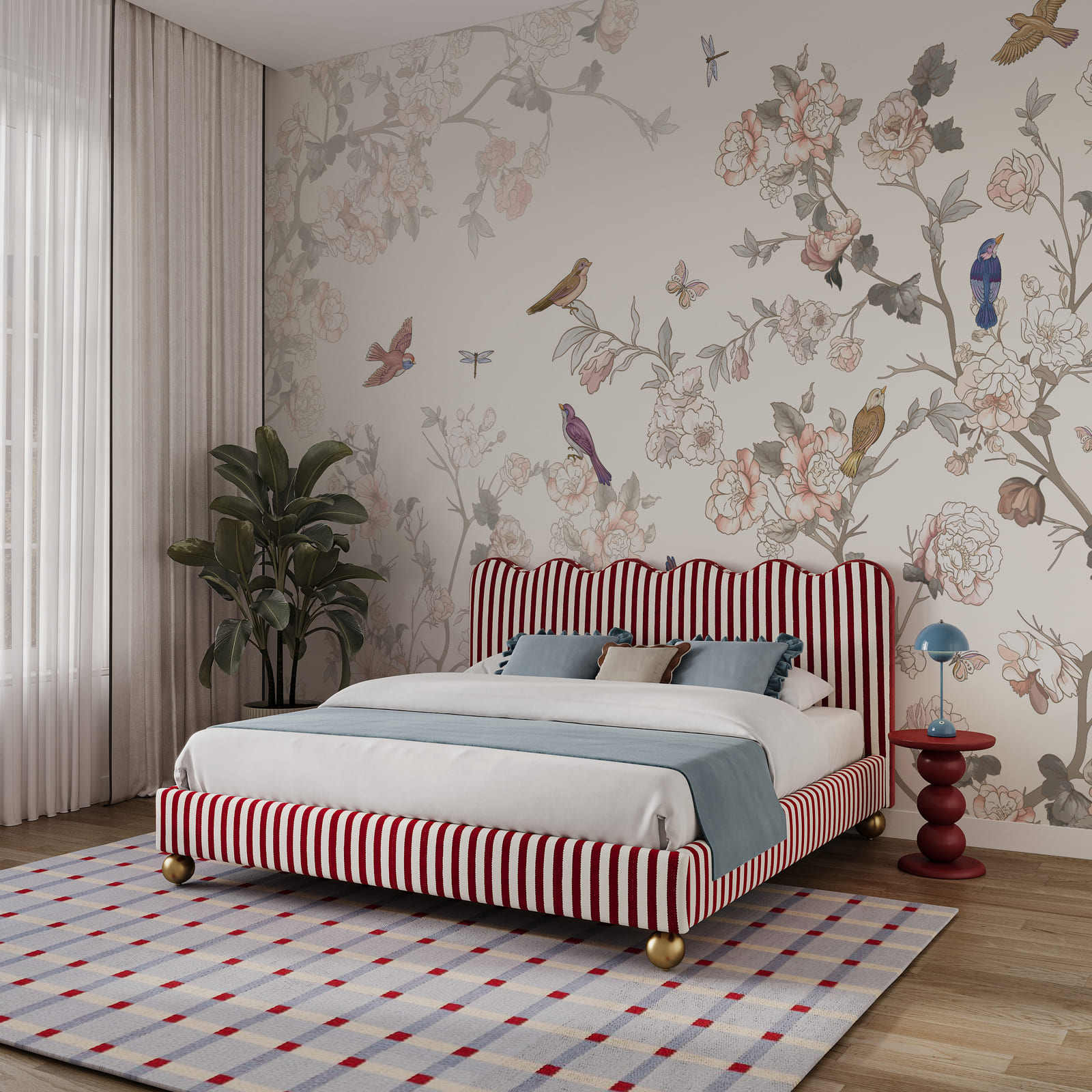 Floral scene with colorful birds