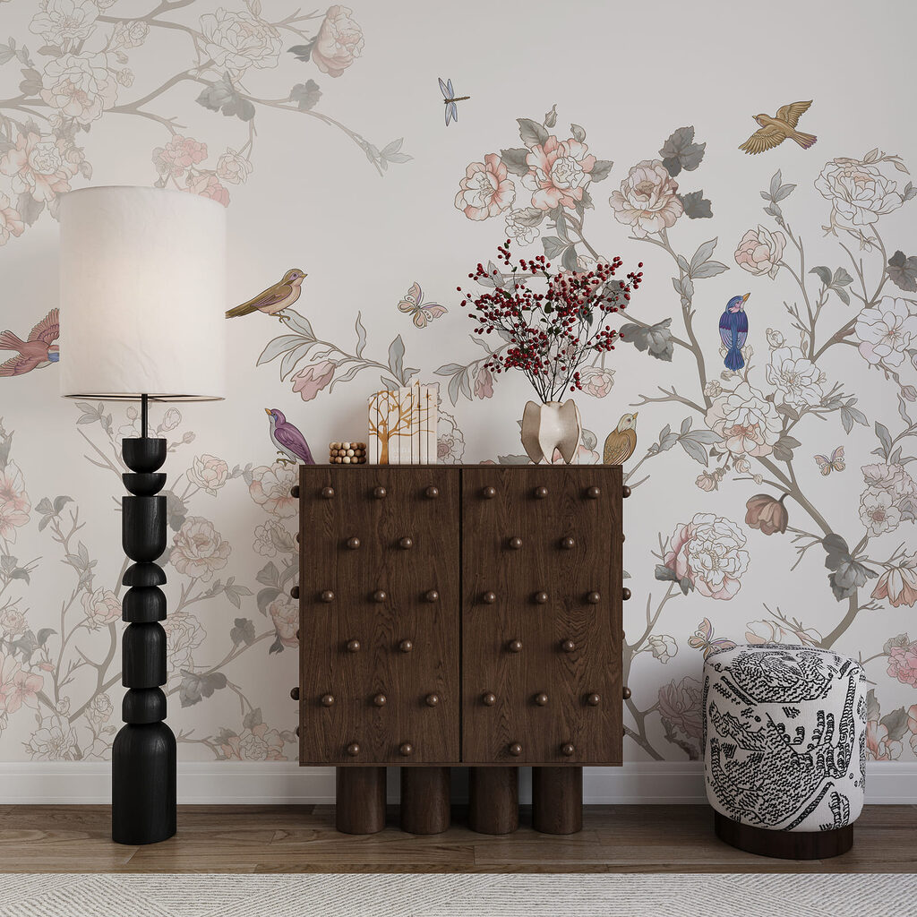 Floral scene with colorful birds