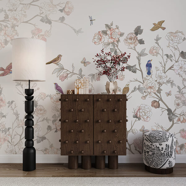 Floral scene with colorful birds