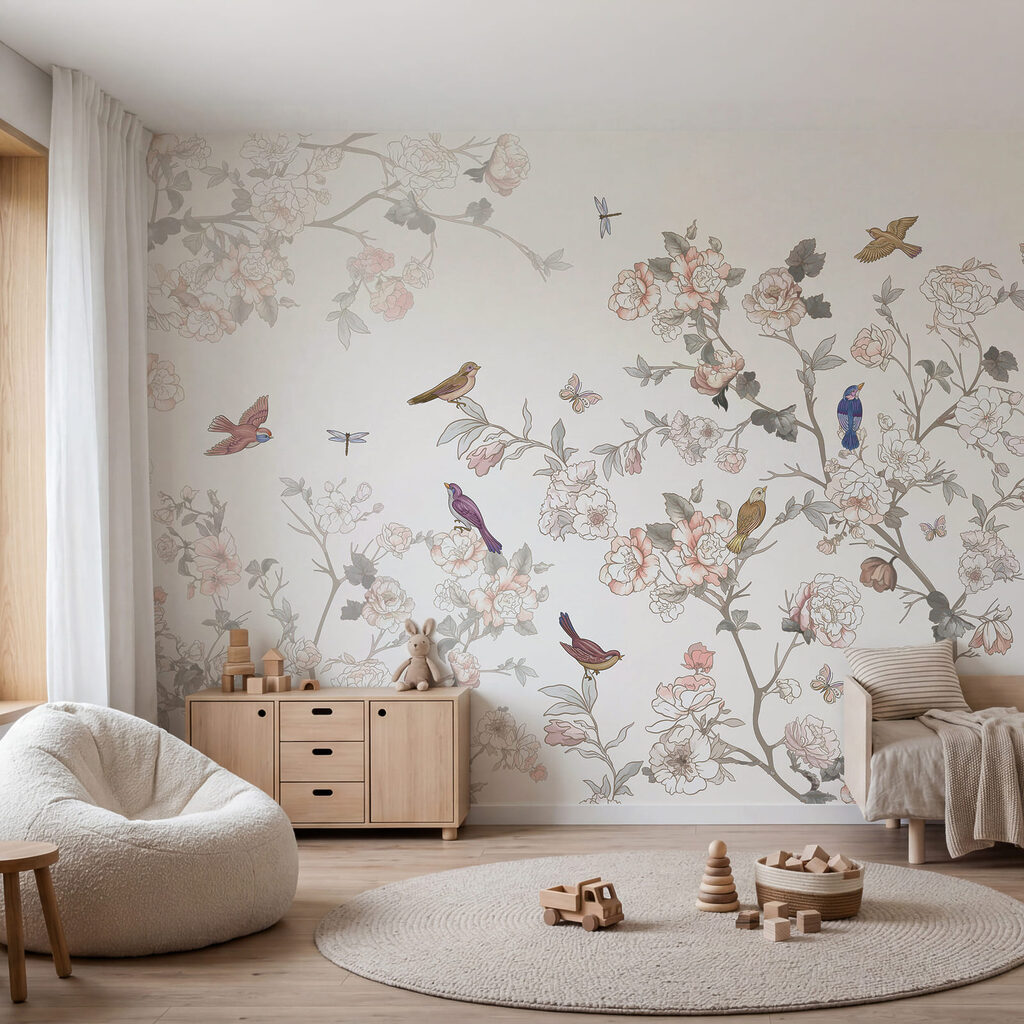 Floral scene with colorful birds