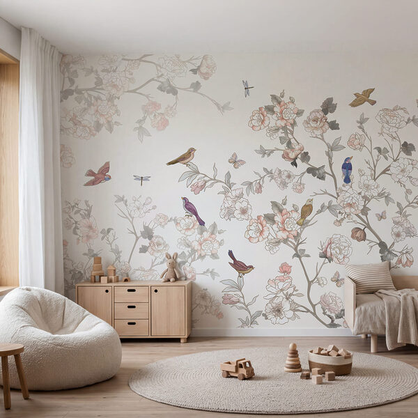 Floral scene with colorful birds