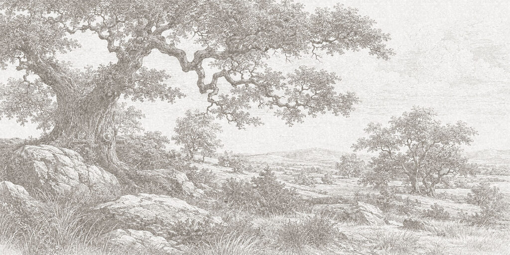 Drawing of a tree and a rocky landscape Drawing of a tree and a rocky landscape