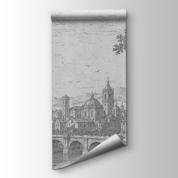 Drawing of a city with a bridge and a river