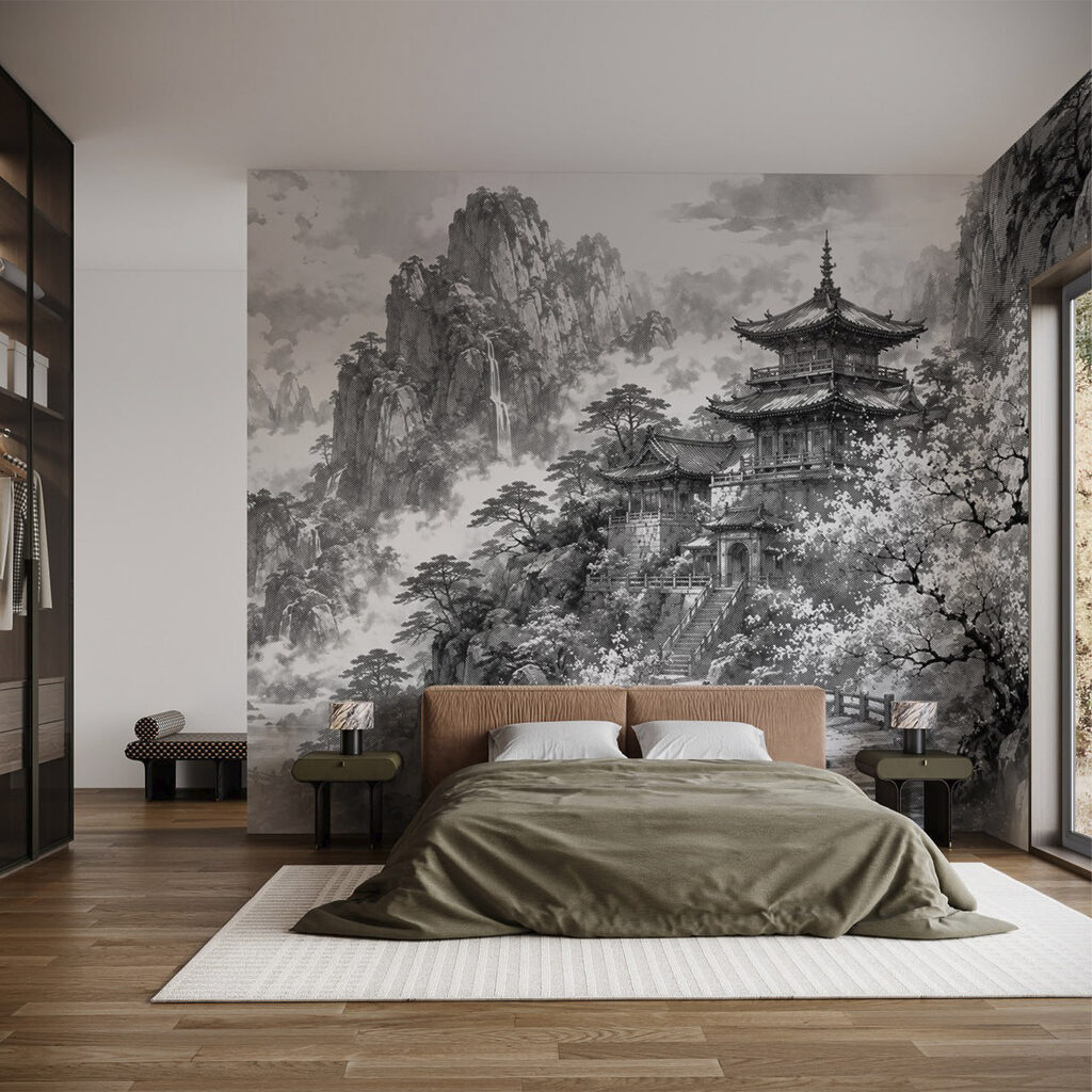 Painting of a building on a mountain