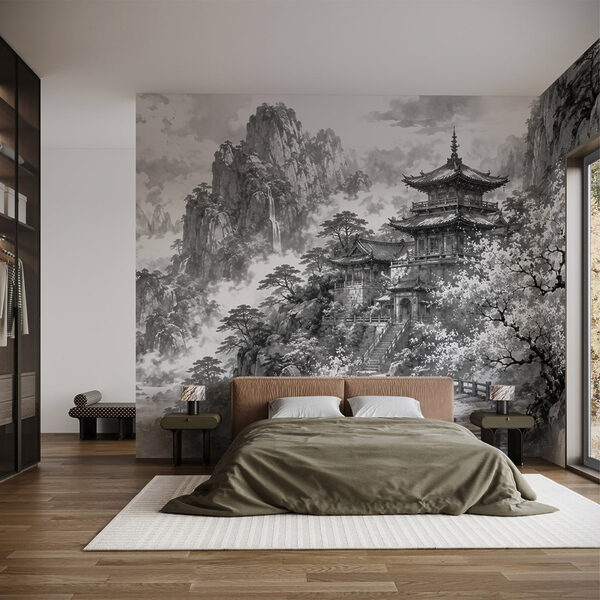 Painting of a building on a mountain