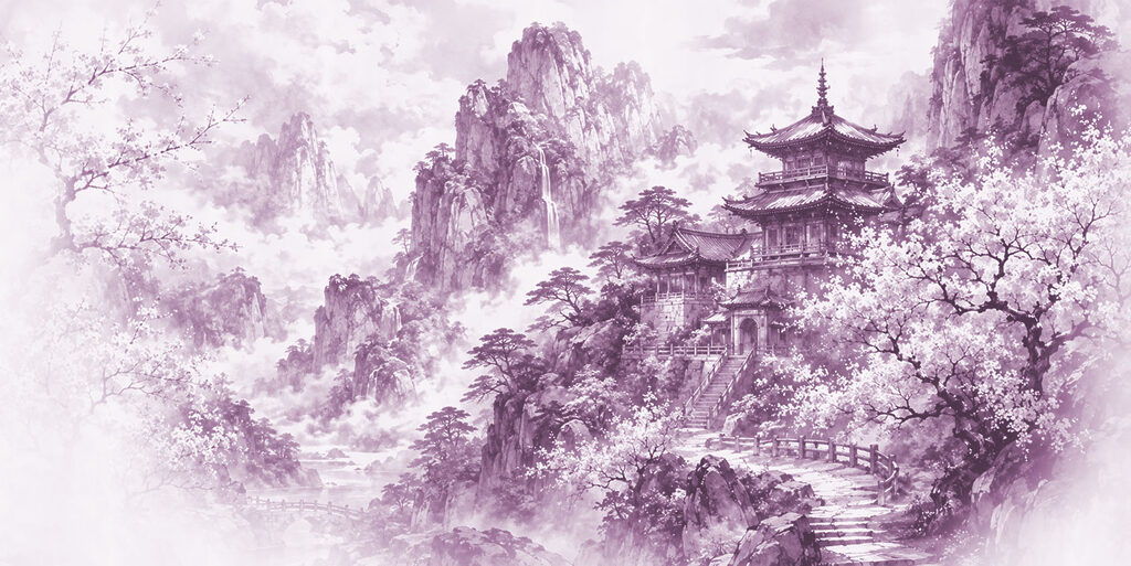 Painting of a building on a mountain