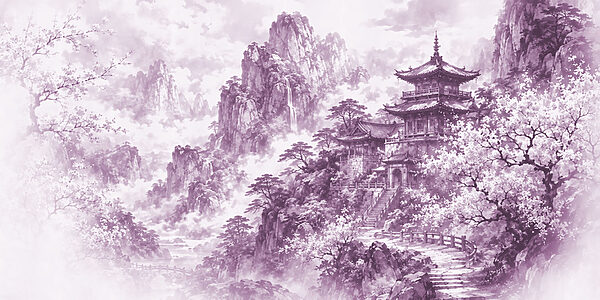 Painting of a building on a mountain