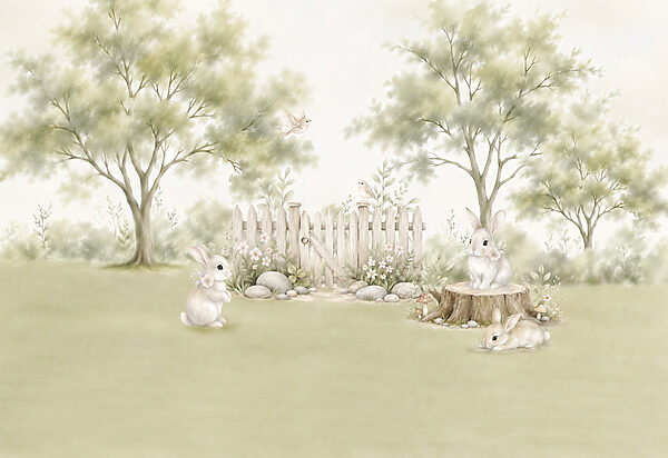 Painting of rabbits in a garden Painting of rabbits in a garden