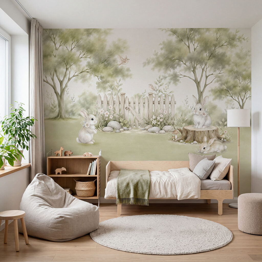 Painting of rabbits in a garden Painting of rabbits in a garden